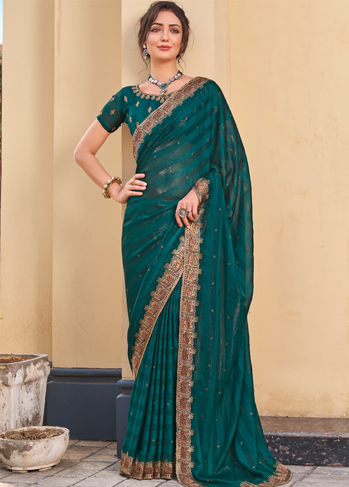 Teal Blue Dupion Silk Saree With Blouse Piece - Indian Silk House Agencies