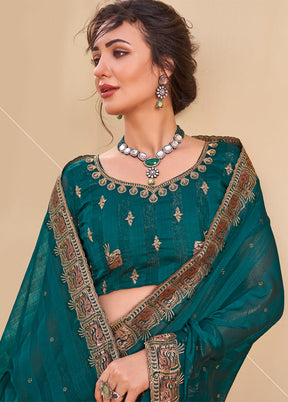 Teal Blue Dupion Silk Saree With Blouse Piece - Indian Silk House Agencies