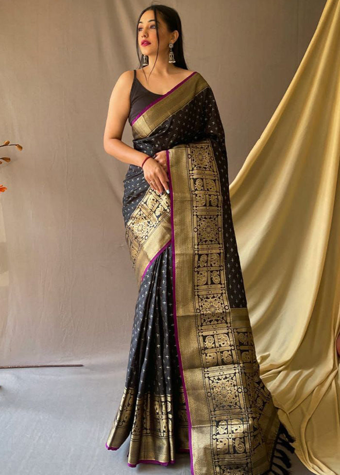 Black Dupion Silk Saree With Blouse Piece - Indian Silk House Agencies