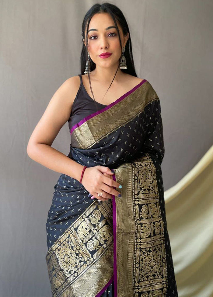 Black Dupion Silk Saree With Blouse Piece - Indian Silk House Agencies