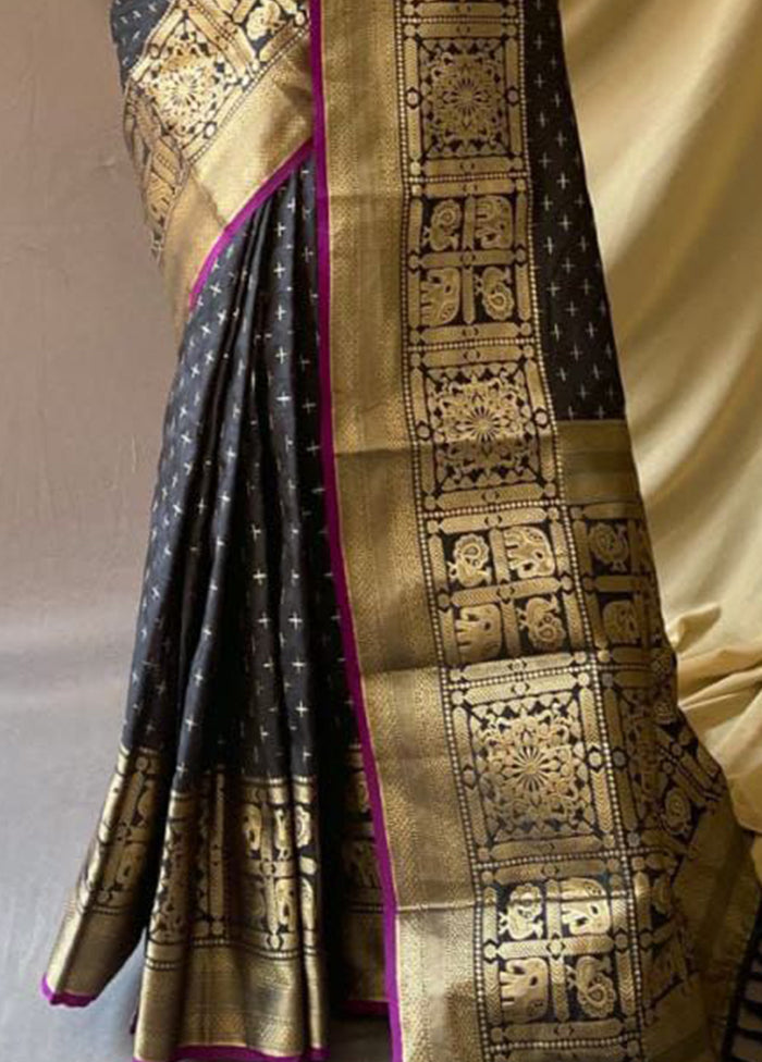 Black Dupion Silk Saree With Blouse Piece - Indian Silk House Agencies