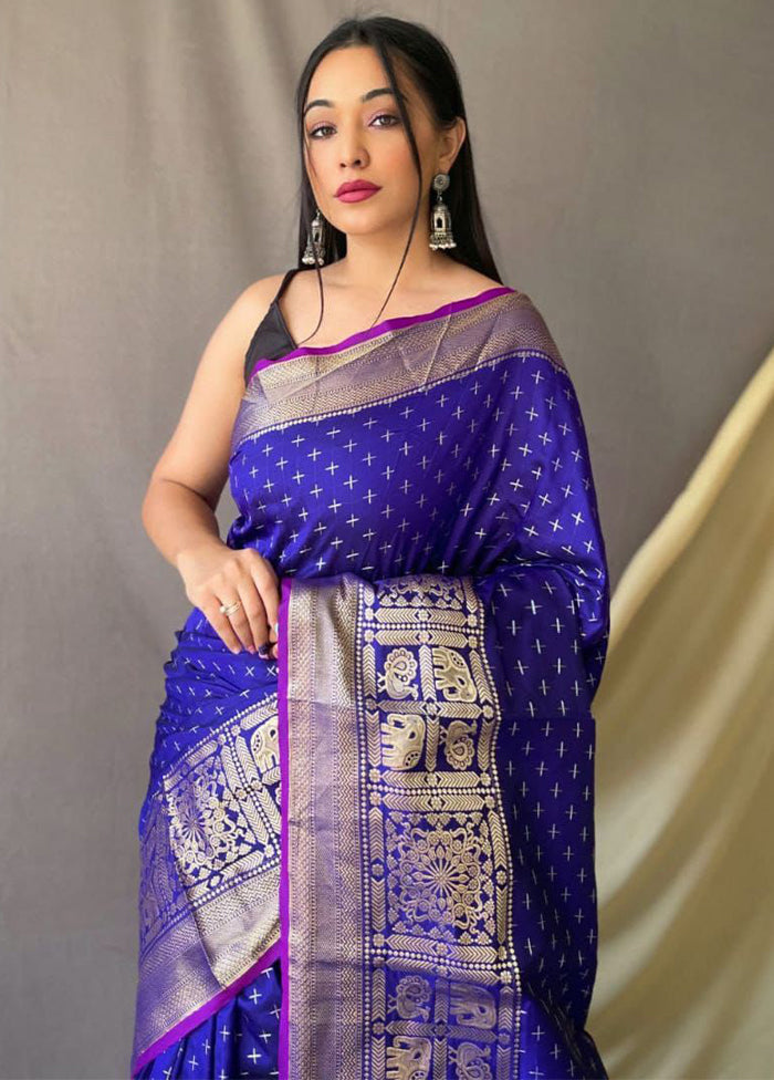 Blue Dupion Silk Saree With Blouse Piece - Indian Silk House Agencies