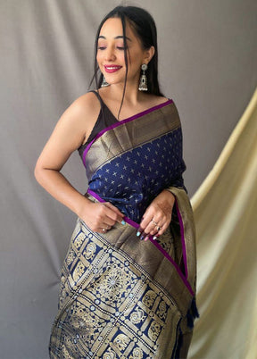 Blue Dupion Silk Saree With Blouse Piece - Indian Silk House Agencies