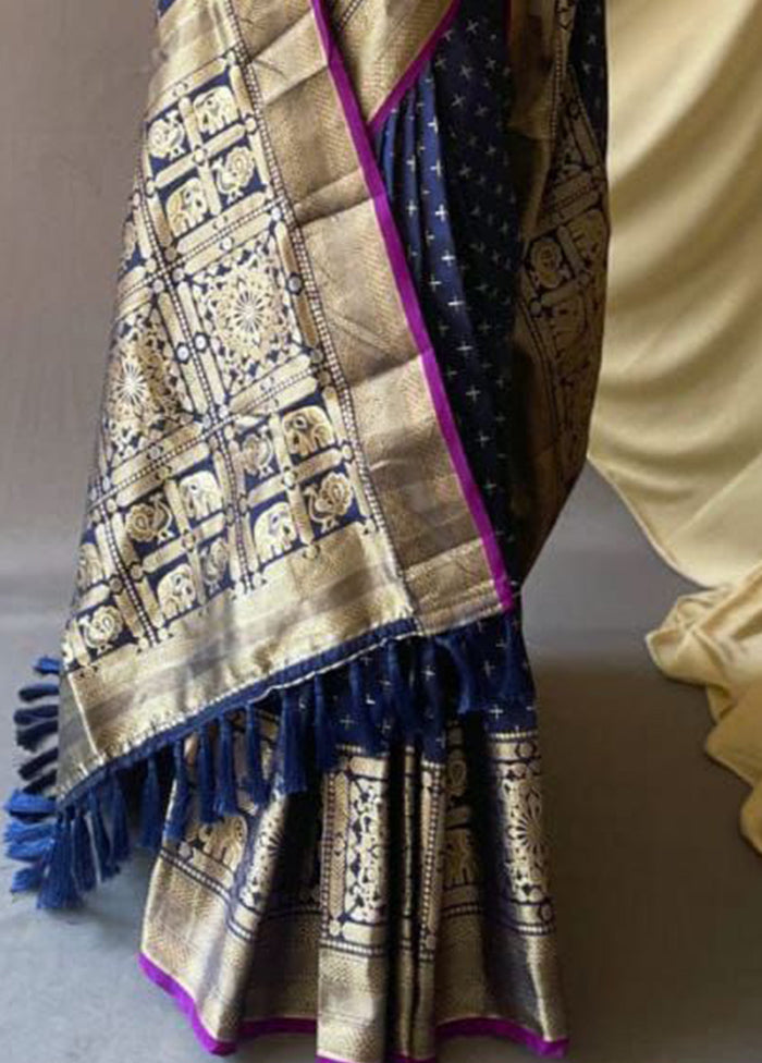 Blue Dupion Silk Saree With Blouse Piece - Indian Silk House Agencies