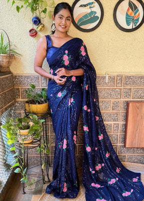 Navy Blue Georgette Saree With Blouse Piece - Indian Silk House Agencies