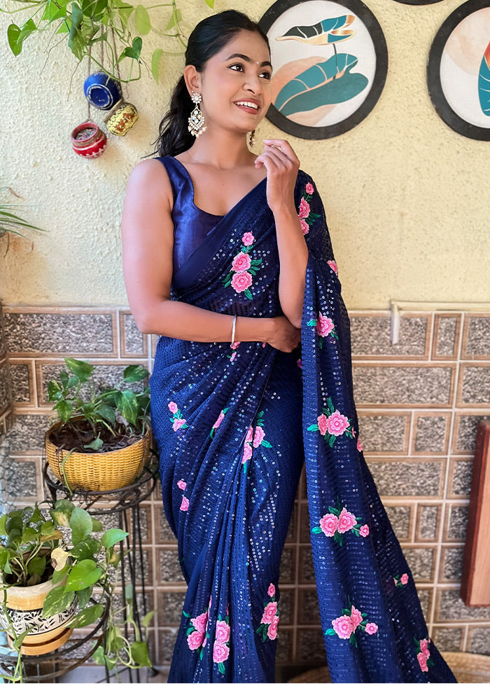 Navy Blue Georgette Saree With Blouse Piece - Indian Silk House Agencies