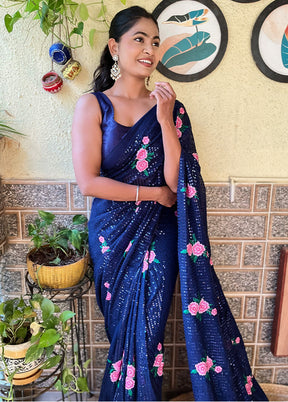 Navy Blue Georgette Saree With Blouse Piece - Indian Silk House Agencies