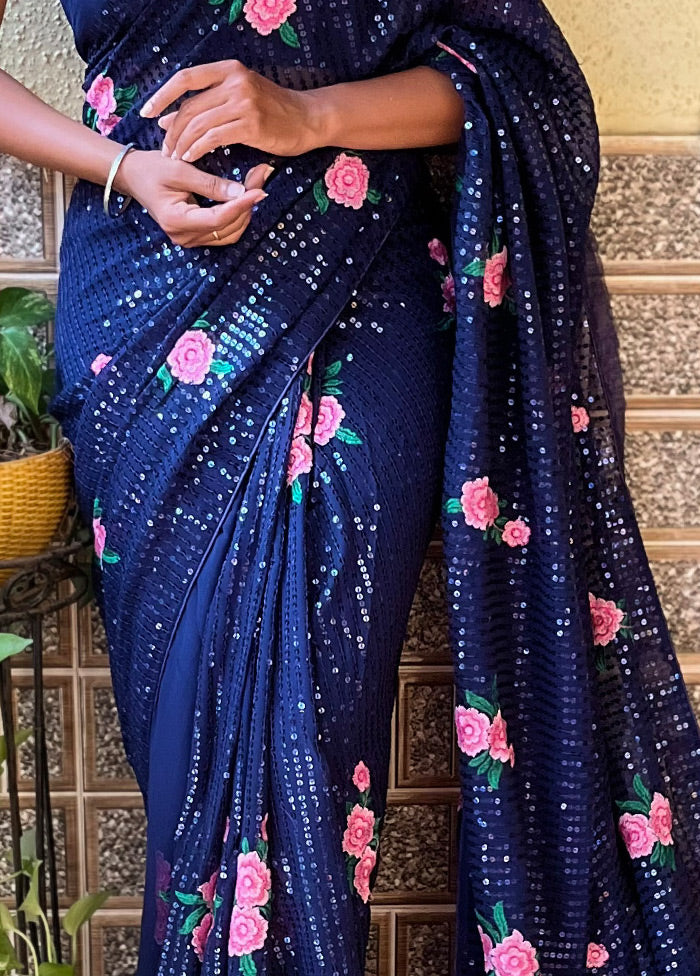 Navy Blue Georgette Saree With Blouse Piece - Indian Silk House Agencies