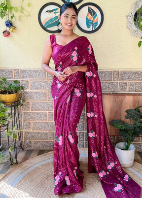 Wine Georgette Saree With Blouse Piece - Indian Silk House Agencies