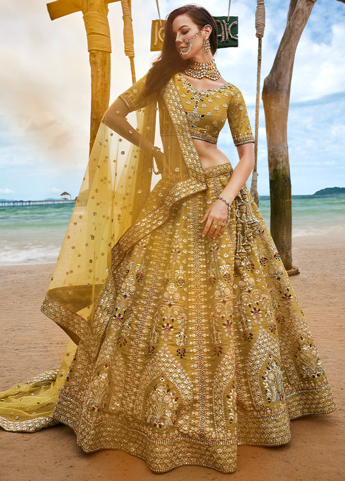 3 Pc Mustard Net Semi Stitched Lehenga Set