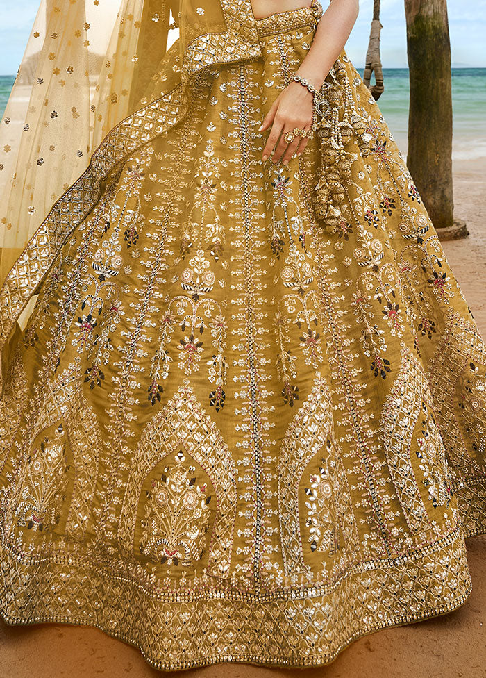 3 Pc Mustard Net Semi Stitched Lehenga Set