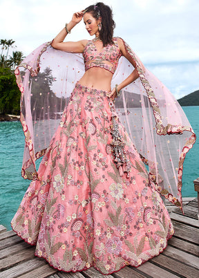 3 Pc Pink Net Semi Stitched Lehenga Set