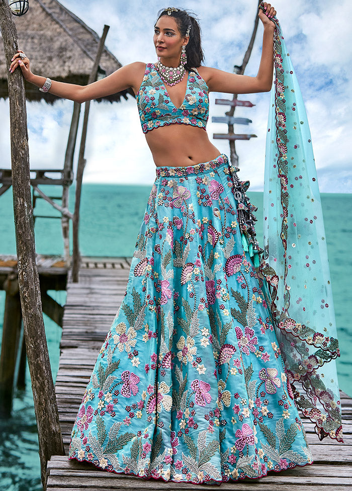 3 Pc Turquoise Net Semi Stitched Lehenga Set