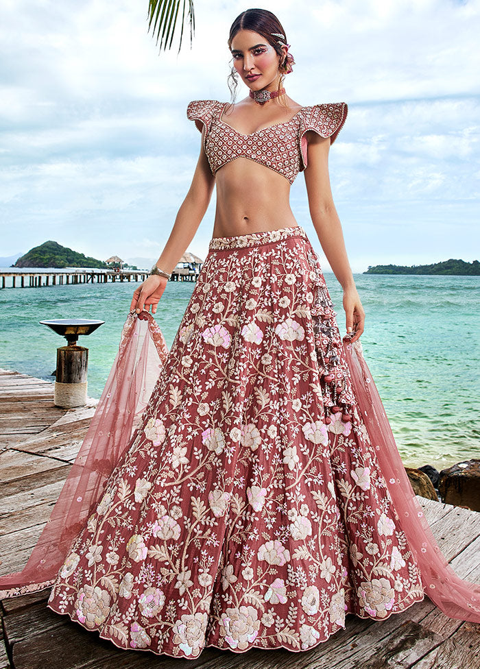 3 Pc Rose Gold Georgette Semi Stitched Lehenga Set