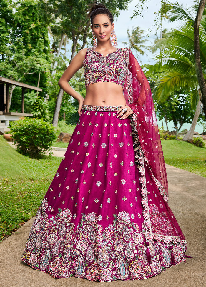 3 Pc Burgundy Silk Semi Stitched Lehenga Set