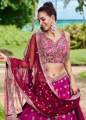 3 Pc Burgundy Silk Semi Stitched Lehenga Set