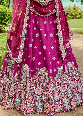 3 Pc Burgundy Silk Semi Stitched Lehenga Set