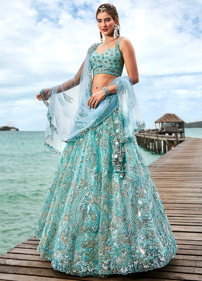 3 Pc Turquoise Net Semi Stitched Lehenga Set