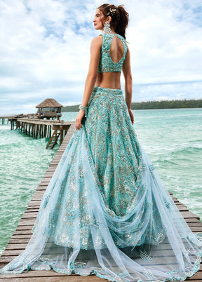 3 Pc Turquoise Net Semi Stitched Lehenga Set