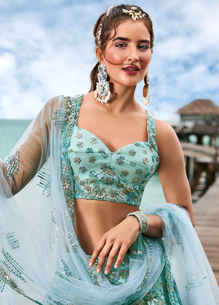 3 Pc Turquoise Net Semi Stitched Lehenga Set