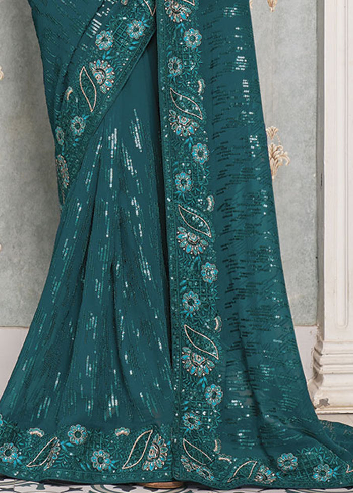 Teal Blue Georgette Saree With Blouse Piece - Indian Silk House Agencies