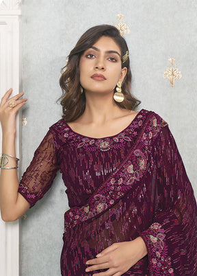 Wine Georgette Saree With Blouse Piece - Indian Silk House Agencies