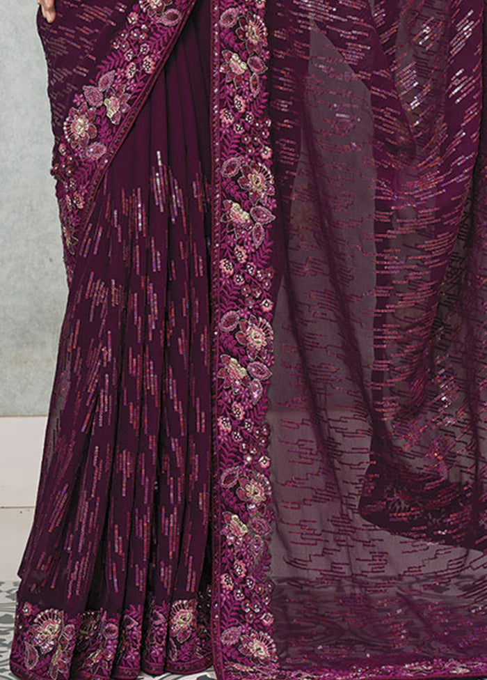 Wine Georgette Saree With Blouse Piece - Indian Silk House Agencies