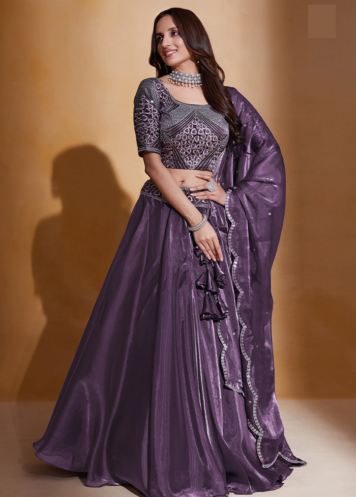 3 Pc Purple Net Semi Stitched Lehenga Set - Indian Silk House Agencies