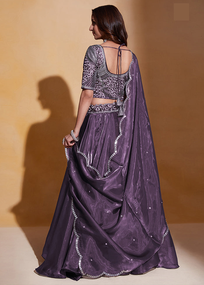 3 Pc Purple Net Semi Stitched Lehenga Set - Indian Silk House Agencies