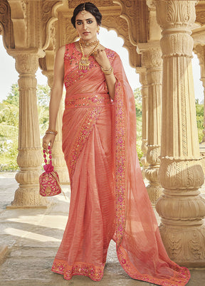 Peach Silk Saree With Blouse Piece - Indian Silk House Agencies