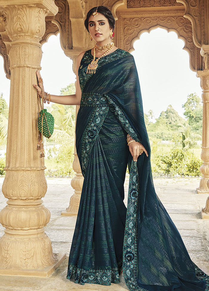 Teal Blue Silk Saree With Blouse Piece - Indian Silk House Agencies