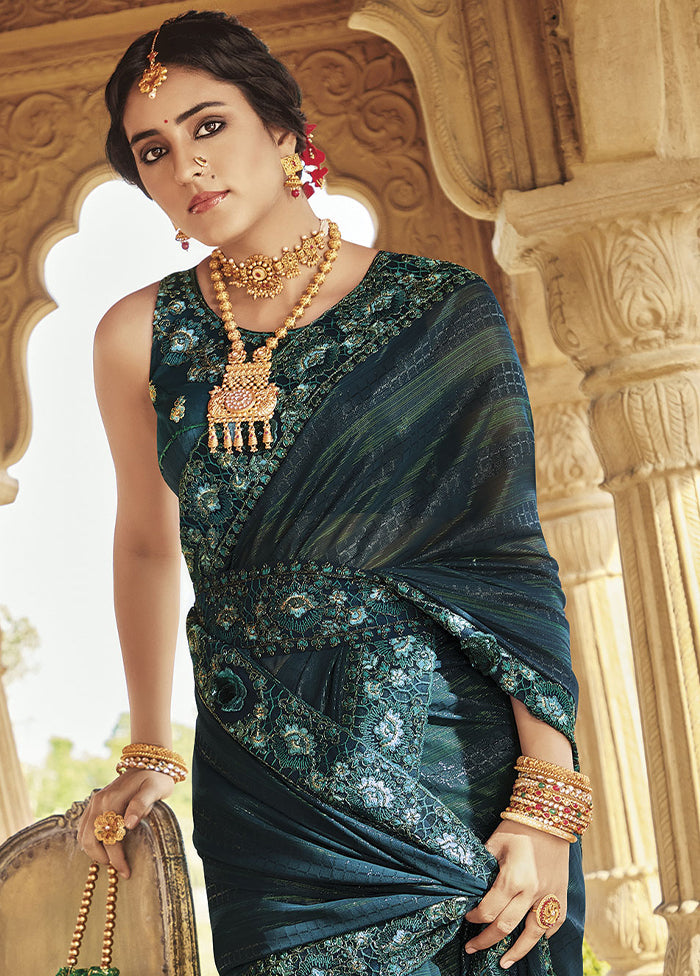 Teal Blue Silk Saree With Blouse Piece - Indian Silk House Agencies