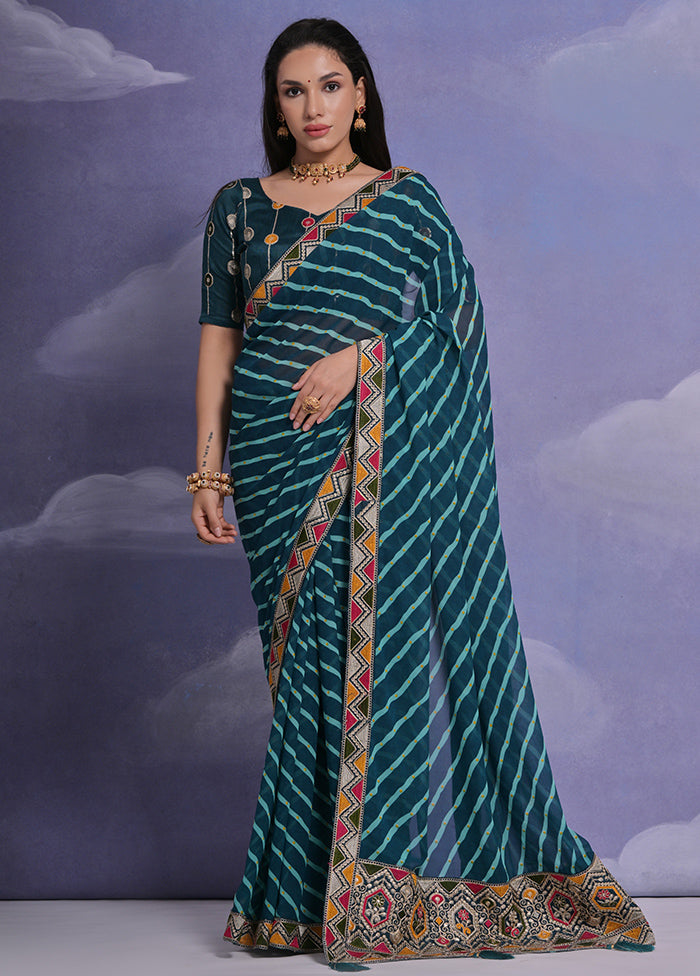 Teal Blue Georgette Saree With Blouse Piece - Indian Silk House Agencies