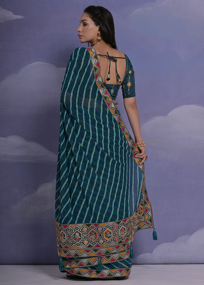 Teal Blue Georgette Saree With Blouse Piece - Indian Silk House Agencies