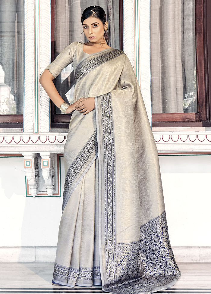 Grey Dupion Silk Saree With Blouse Piece - Indian Silk House Agencies