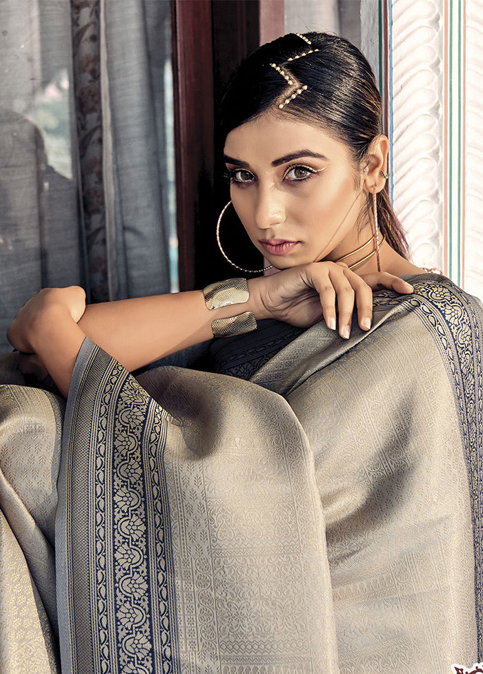 Grey Dupion Silk Saree With Blouse Piece - Indian Silk House Agencies