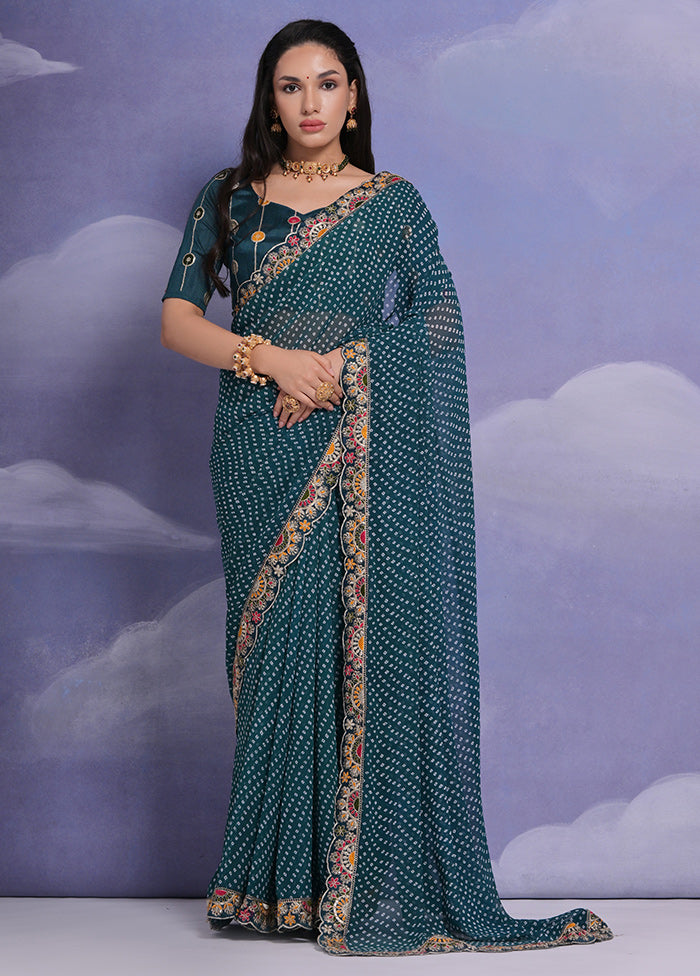 Teal Blue Georgette Saree With Blouse Piece - Indian Silk House Agencies