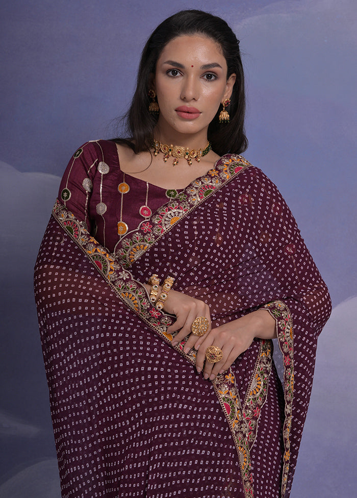 Wine Georgette Saree With Blouse Piece - Indian Silk House Agencies