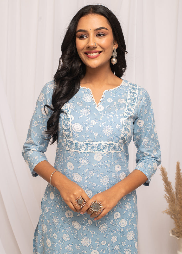 Sky Blue Readymade Cotton Long Kurti