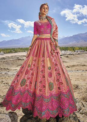 3 Pc Pink Silk Semi Stitched Lehenga Set