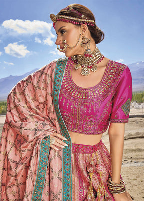 3 Pc Pink Silk Semi Stitched Lehenga Set