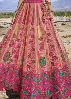 3 Pc Pink Silk Semi Stitched Lehenga Set