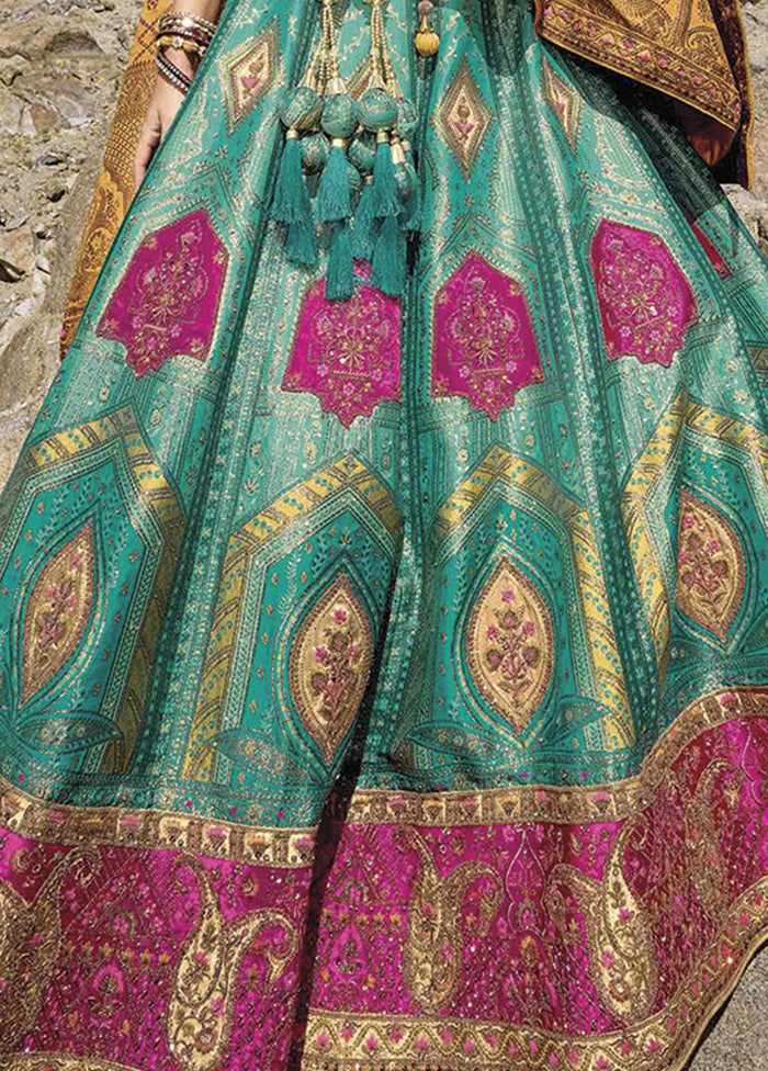 3 Pc Turquoise Silk Semi Stitched Lehenga Set