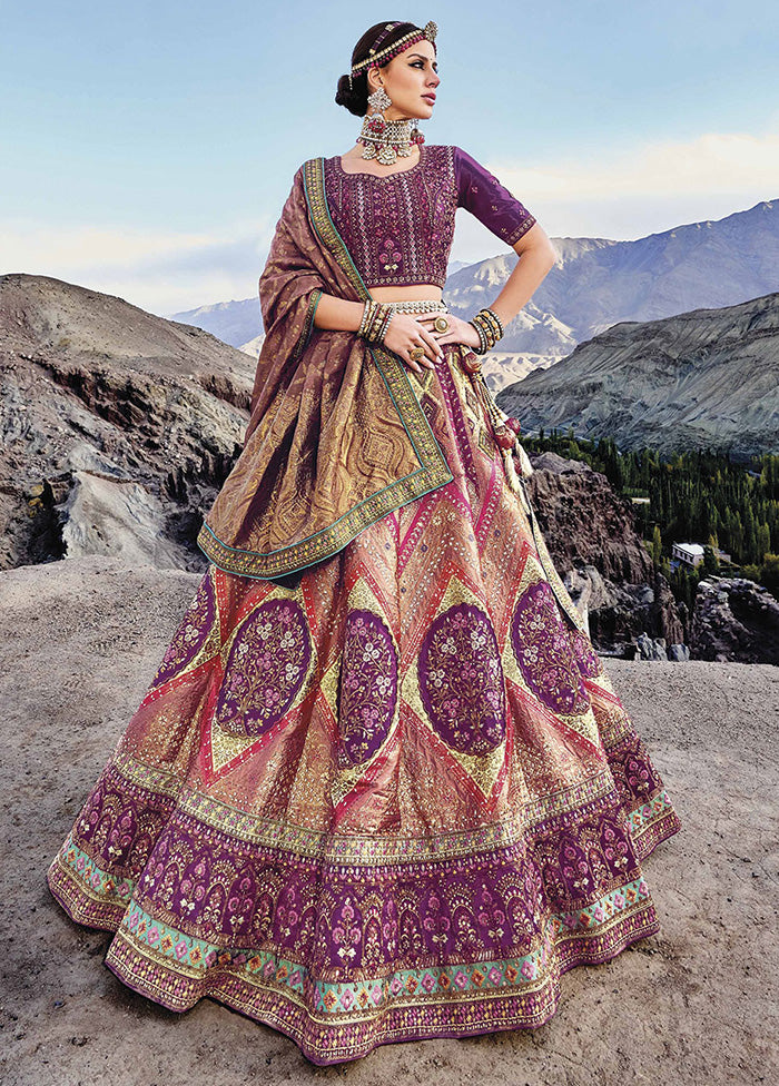 3 Pc Magenta Silk Semi Stitched Lehenga Set