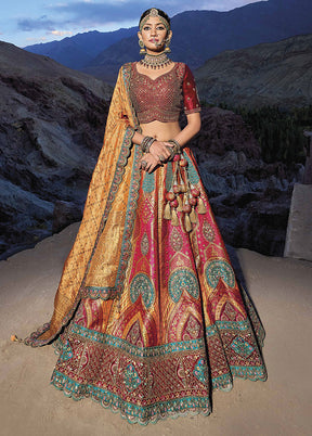 3 Pc Pink Silk Semi Stitched Lehenga Set