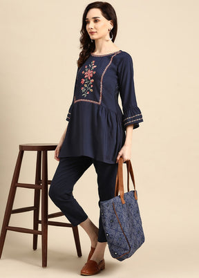 Navy Blue Readymade Viscose Short Kurti