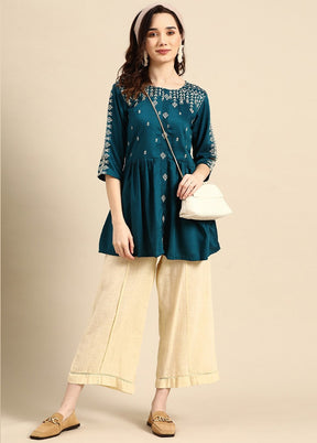 Teal Readymade Viscose Short Kurti