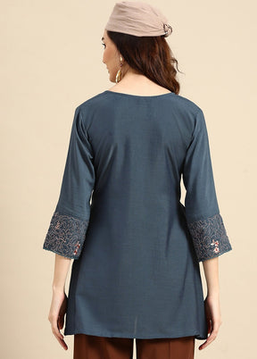 Turquoise Blue Readymade Viscose Short Kurti