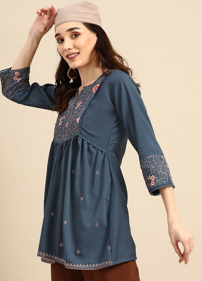 Turquoise Blue Readymade Viscose Short Kurti