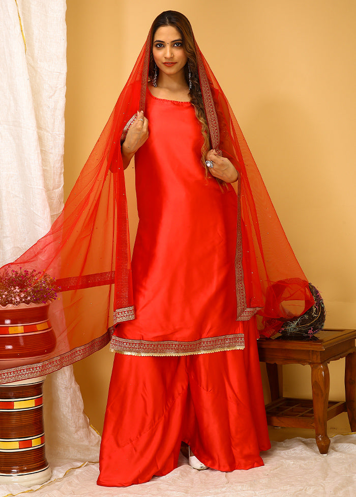 3 Pc Red Readymade Silk Suit Set - Indian Silk House Agencies